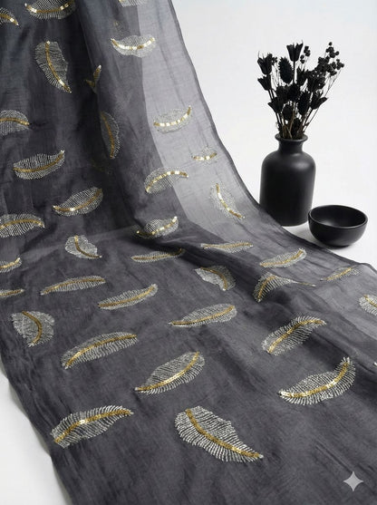 Grey chanderi Fabric with white Leaf & Golden Sequence Motif Embroidery