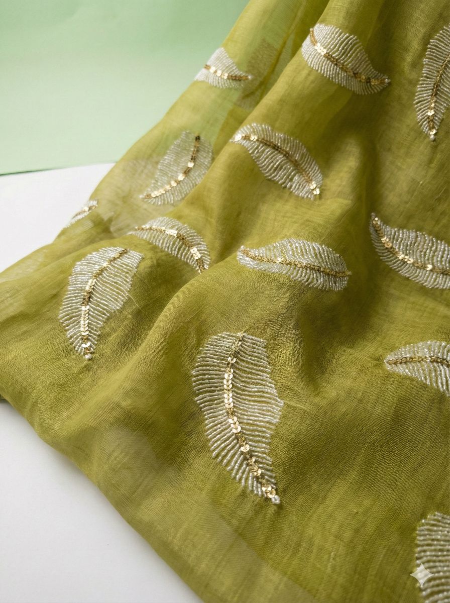 Yellowish Green chanderi Fabric with white Leaf & Golden Sequence Motif Embroidery