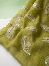 Yellowish Green chanderi Fabric with white Leaf & Golden Sequence Motif Embroidery