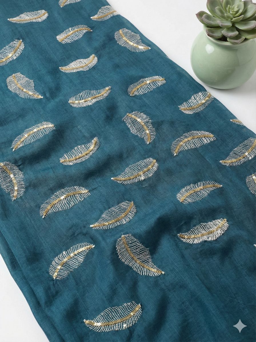 Deep Blue chanderi Fabric with white Leaf & Golden Sequence Motif Embroidery