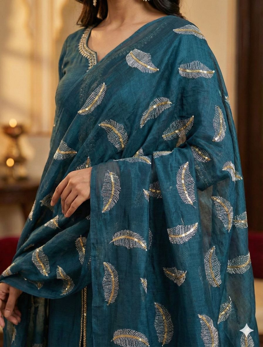 Deep Blue chanderi Fabric with white Leaf & Golden Sequence Motif Embroidery