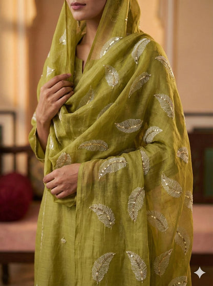 Yellowish Green chanderi Fabric with white Leaf & Golden Sequence Motif Embroidery