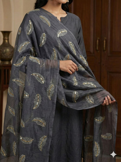 Grey chanderi Fabric with white Leaf & Golden Sequence Motif Embroidery
