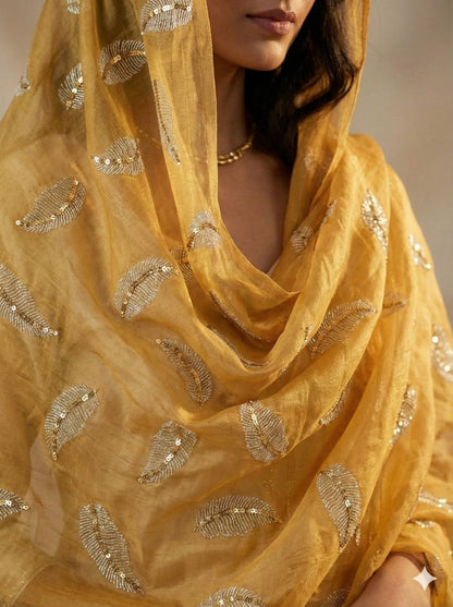 Yellow chanderi Fabric with white Leaf & Golden Sequence Motif Embroidery