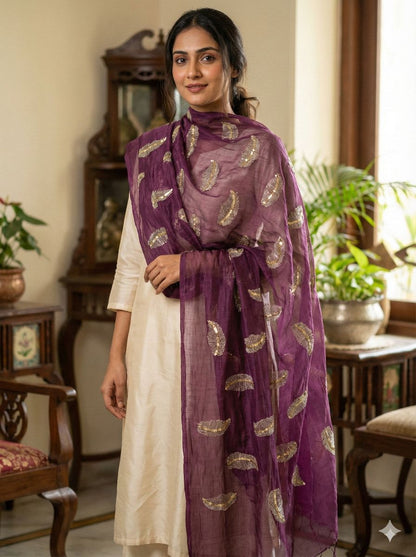 Maroon chanderi Fabric with white Leaf & Golden Sequence Motif Embroidery