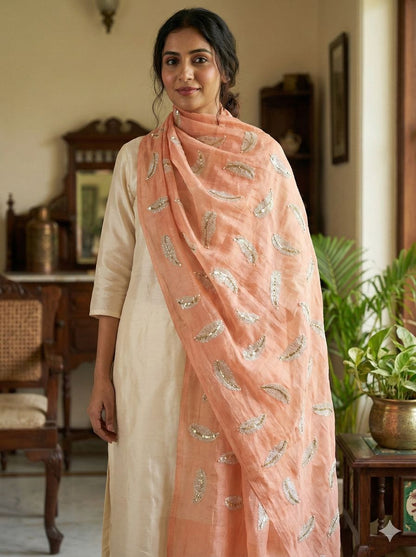 Peach chanderi Fabric with white Leaf & Golden Sequence Motif Embroidery