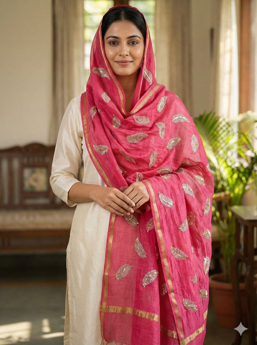 Hot pink chanderi Fabric with white Leaf & Golden Sequence Motif Embroidery