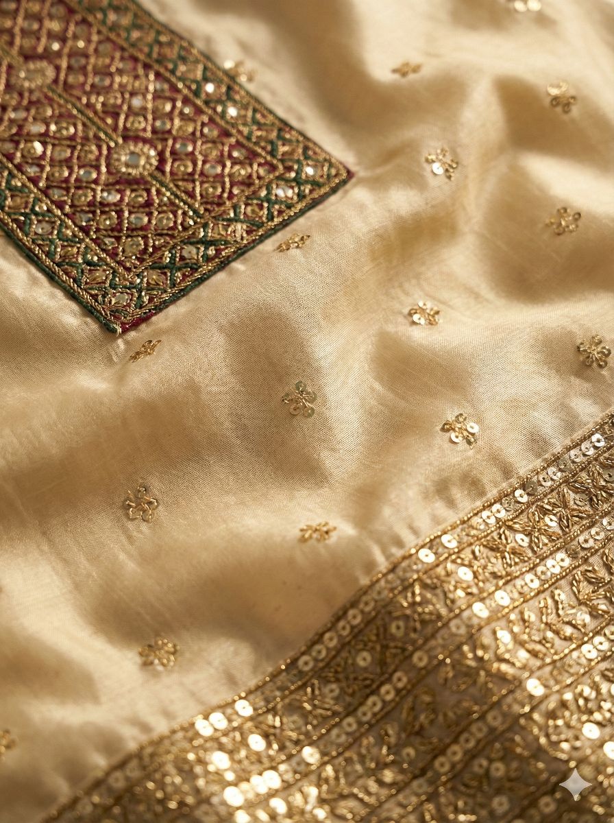 Off White Chanderi Stiched suit with  Red thread,Sequence and jari work  Size XXL, XL, L