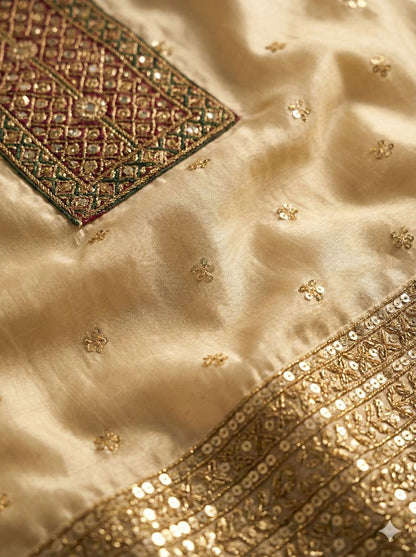 Off White Chanderi Stiched suit with  Red thread,Sequence and jari work  Size XXL, XL, L