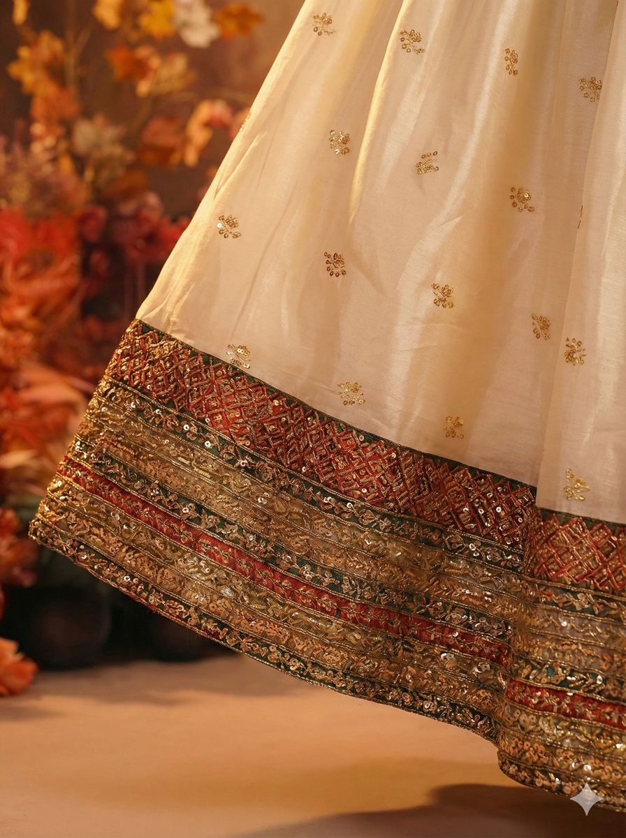 Off White Chanderi Stiched suit with  Red thread,Sequence and jari work  Size XXL, XL, L