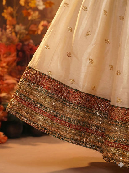 Off White Chanderi Stiched suit with  Red thread,Sequence and jari work  Size XXL, XL, L