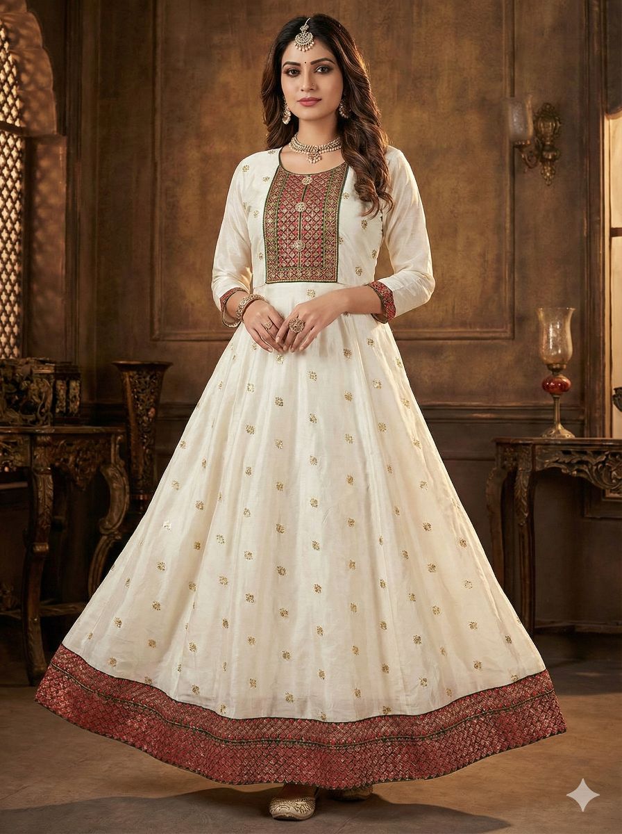 Off White Chanderi Stiched suit with  Red thread,Sequence and jari work  Size XXL, XL, L