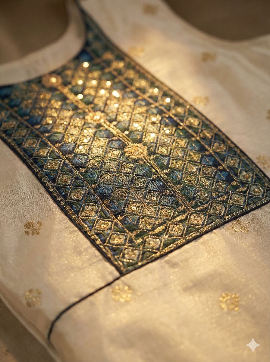 Off White Chanderi Stiched suit with Blue thread,Sequence and jari work  Size XXL, XL, L