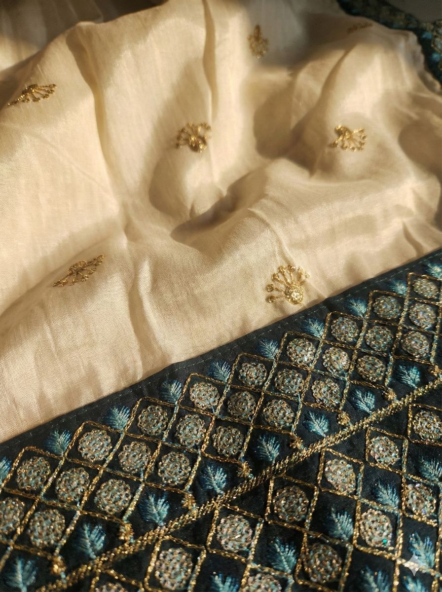 Off White Chanderi Stiched suit with Blue thread,Sequence and jari work  Size XXL, XL, L