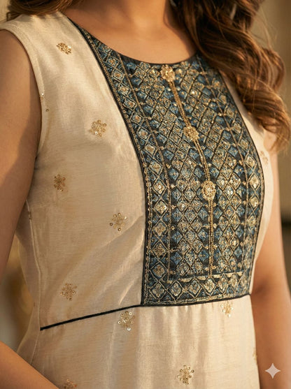 Off White Chanderi Stiched suit with Blue thread,Sequence and jari work  Size XXL, XL, L