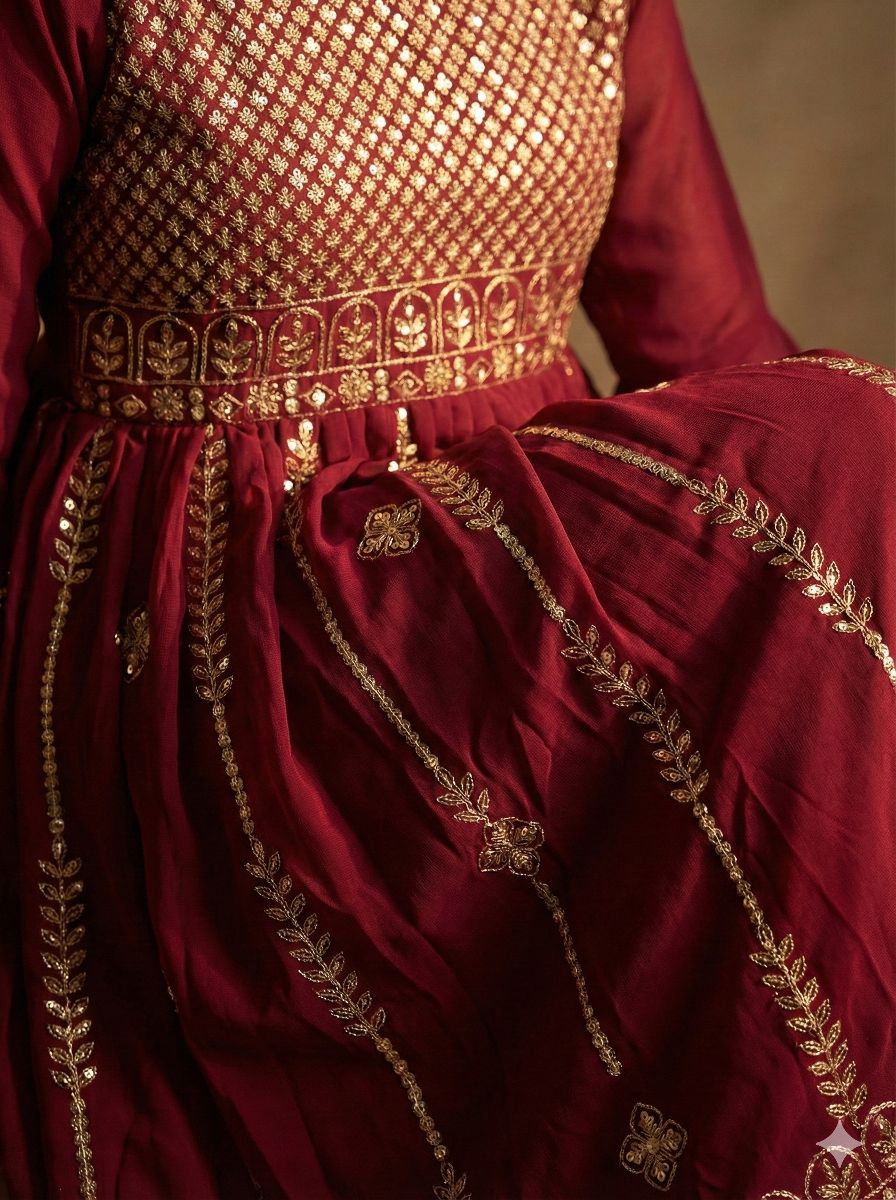 Mahroon Georgette Stiched suit with Sequence and jari work  Size XXL, XL, L
