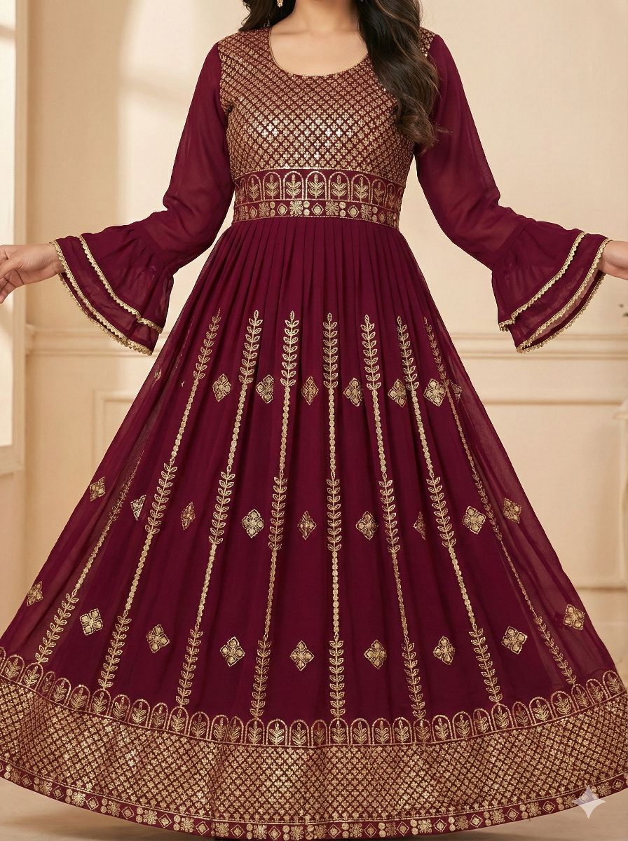 Mahroon Georgette Stiched suit with Sequence and jari work  Size XXL, XL, L