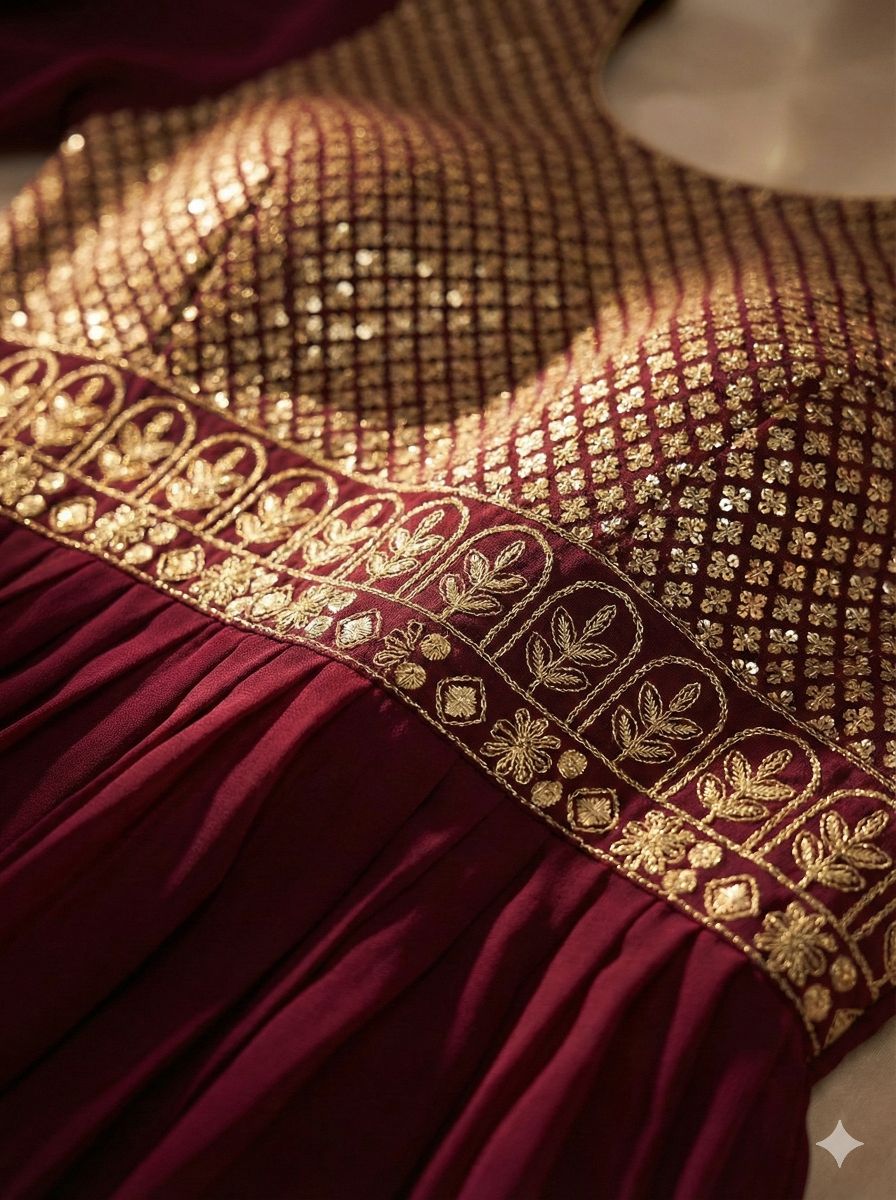 Mahroon Georgette Stiched suit with Sequence and jari work  Size XXL, XL, L