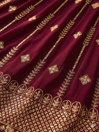 Mahroon Georgette Stiched suit with Sequence and jari work  Size XXL, XL, L