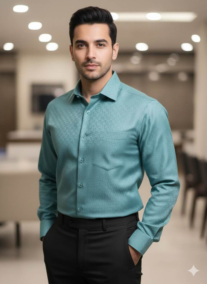 Turquoise Blue Self Pattern cotton Shirting Fabric