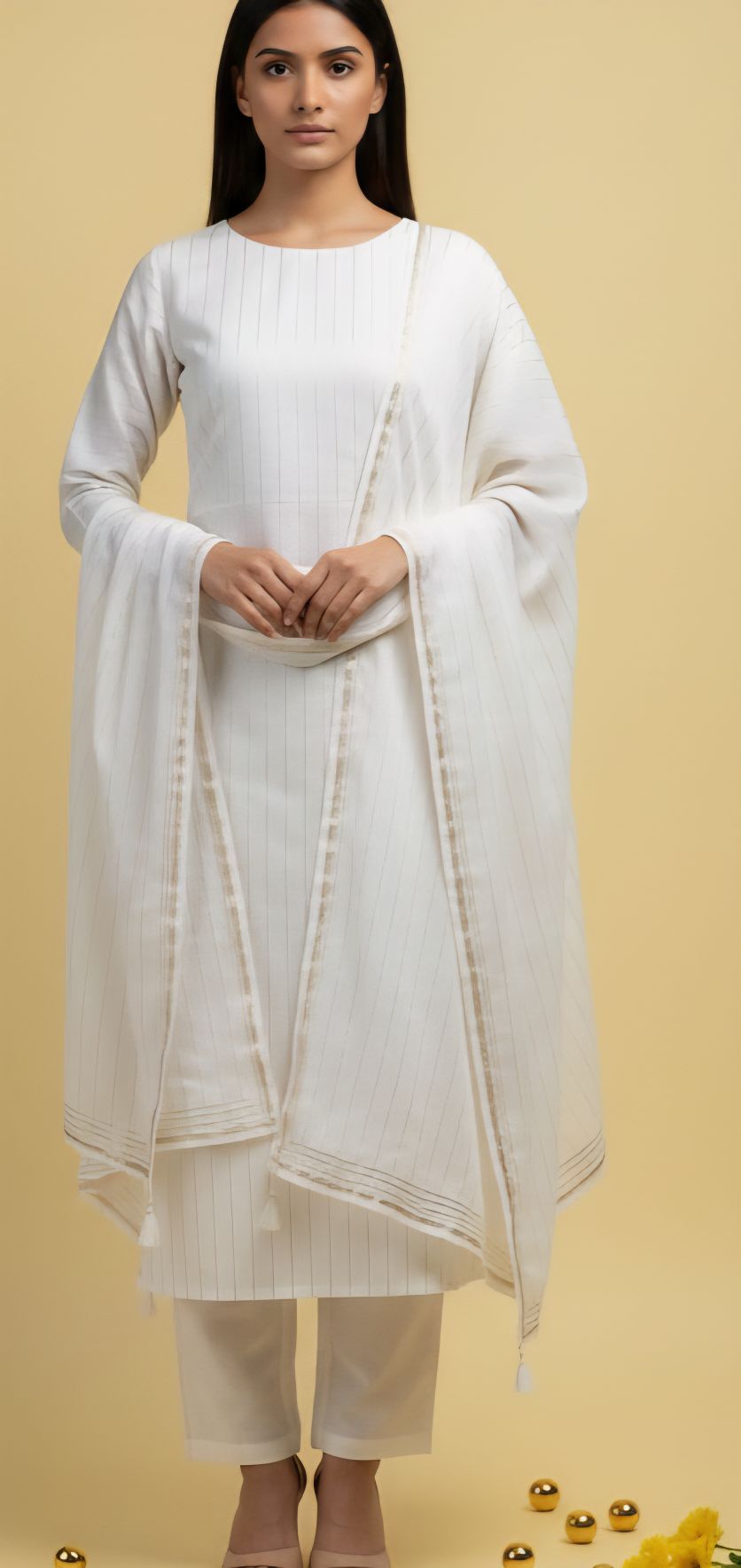 Golden striped white Chanderi Fabric