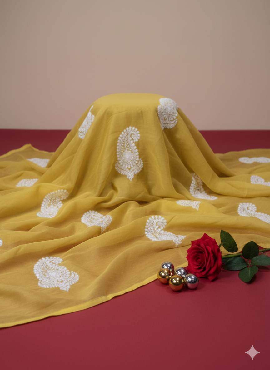 Chikankari Embroidered Yellow Green Chanderi Silk fabric