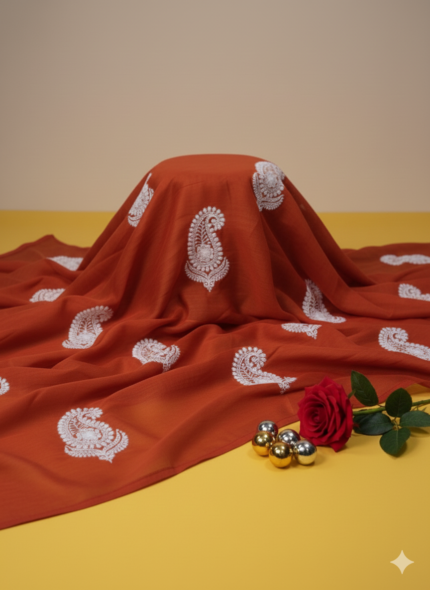 Chikankari Embroidered  Orange Chanderi Silk Fabric