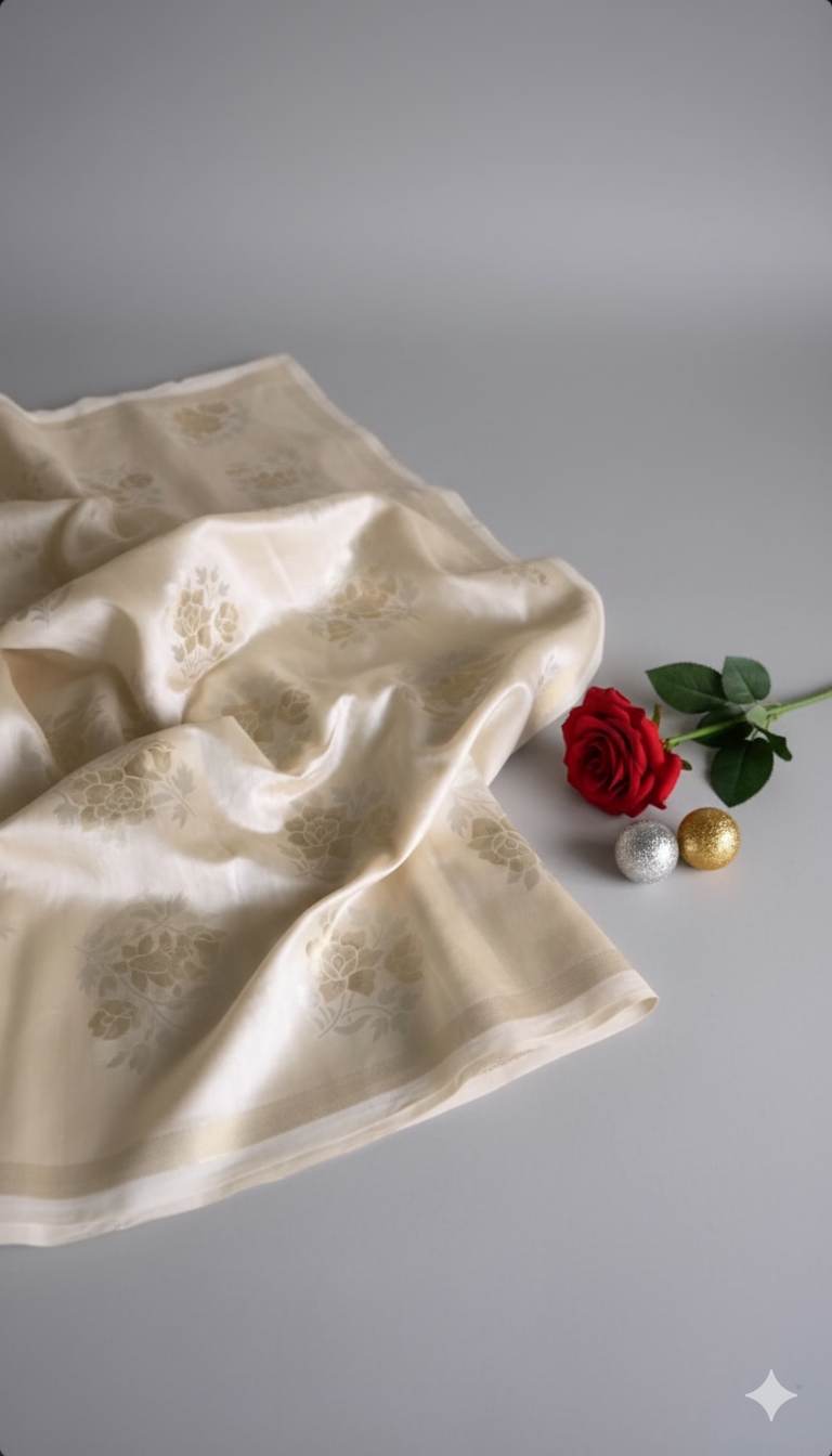 Beige Floral Dyeable Self texture Chanderi Jacquard Fabric