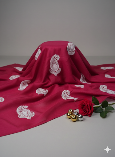 Chikankari Embroidered Hot pink Chanderi Silk Fabric