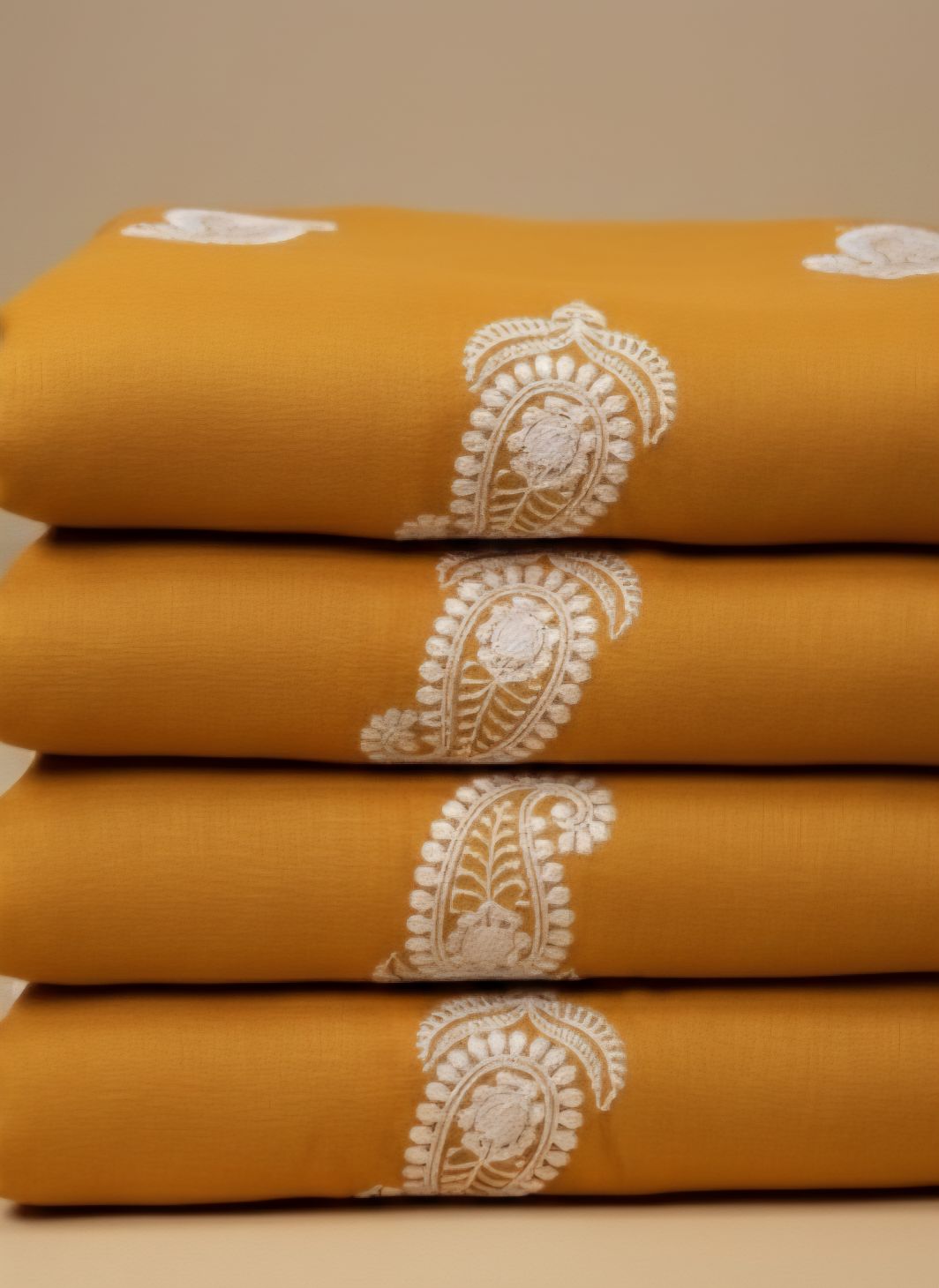 Chikankari Embroidered Yellow Chanderi Silk Fabric