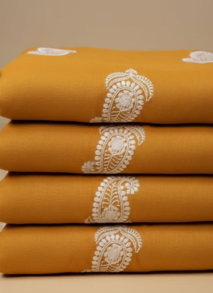 Chikankari Embroidered Yellow Chanderi Silk Fabric
