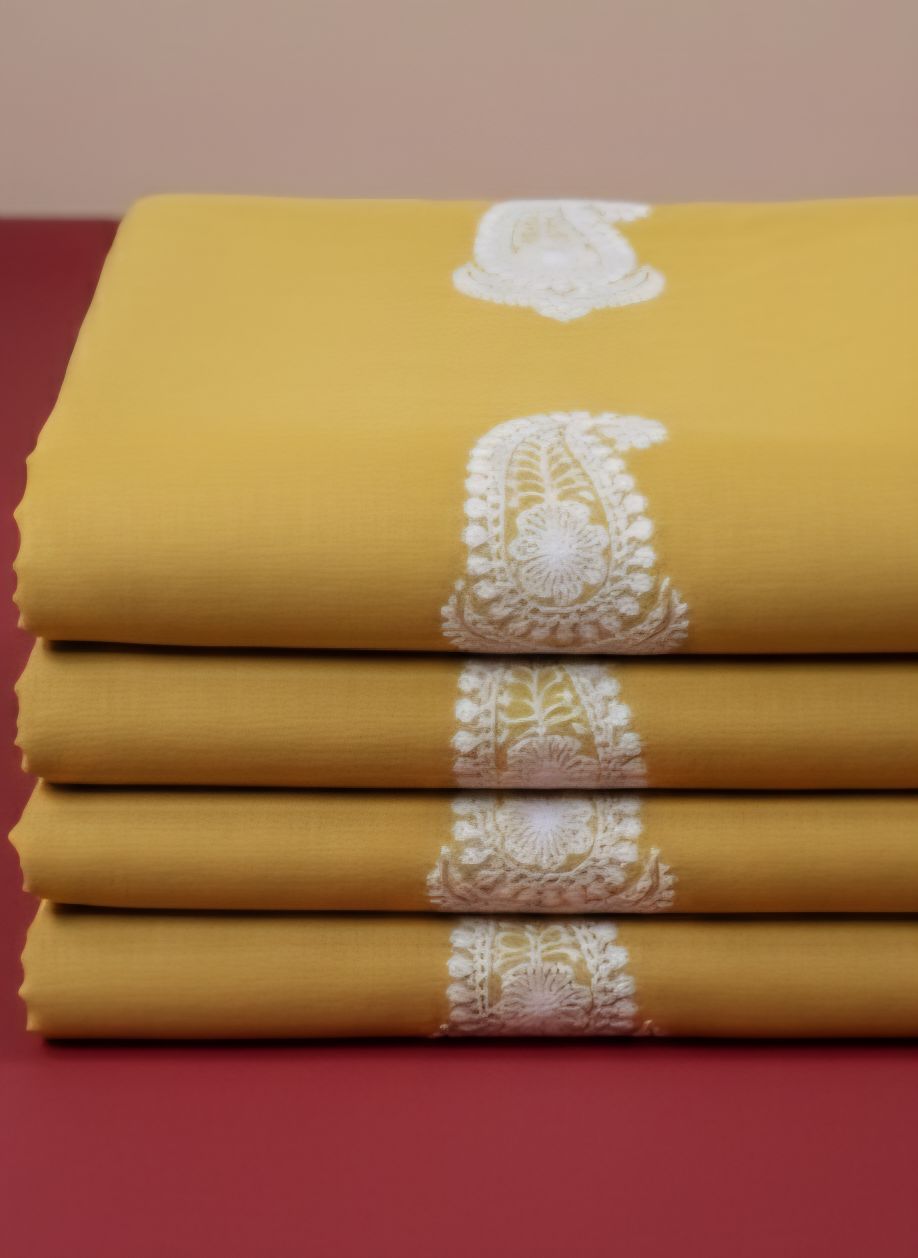 Chikankari Embroidered Yellow Green Chanderi Silk fabric