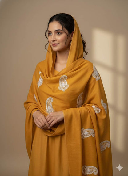 Chikankari Embroidered Yellow Chanderi Silk Fabric