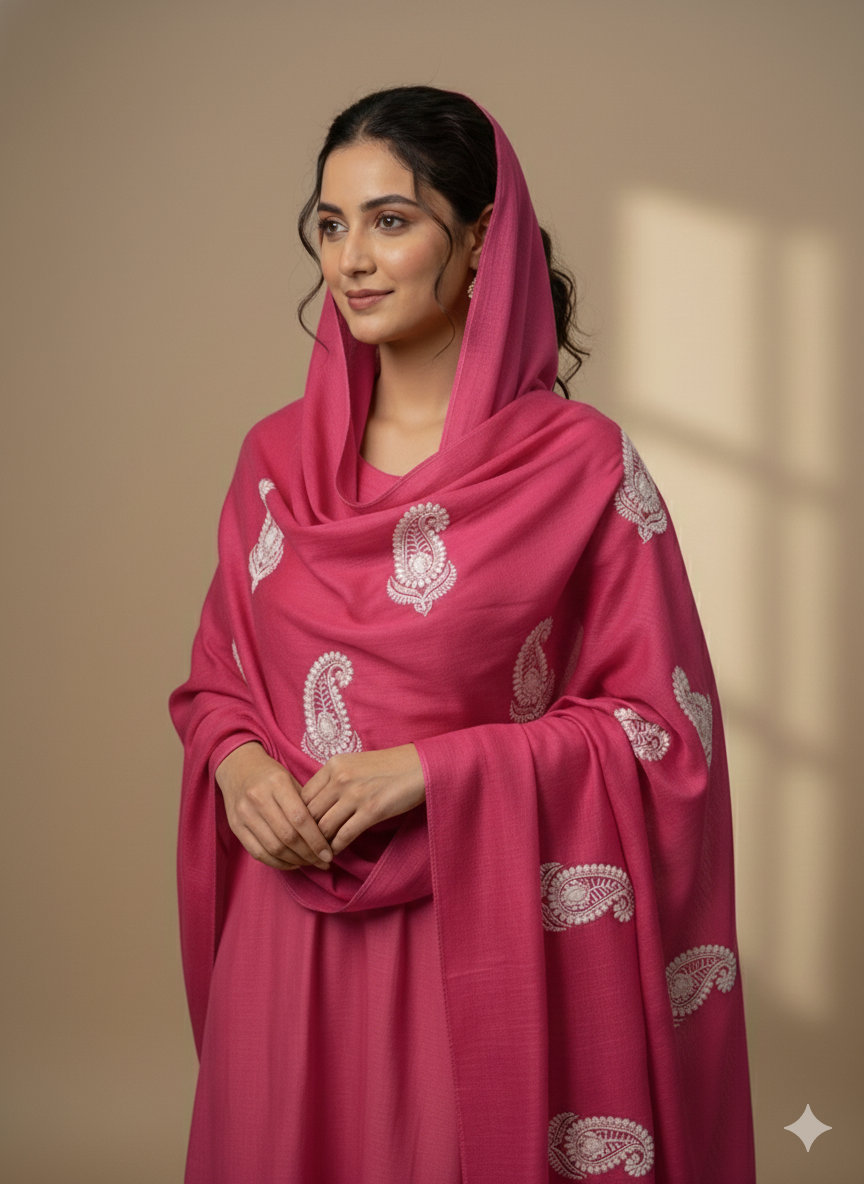 Chikankari Embroidered Hot pink Chanderi Silk Fabric