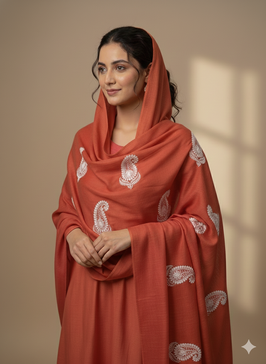 Chikankari Embroidered  Orange Chanderi Silk Fabric