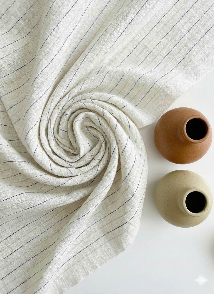 Off white Cotton Linen Fabric with Brown  & light brown Horizontal Lines (60 lea)