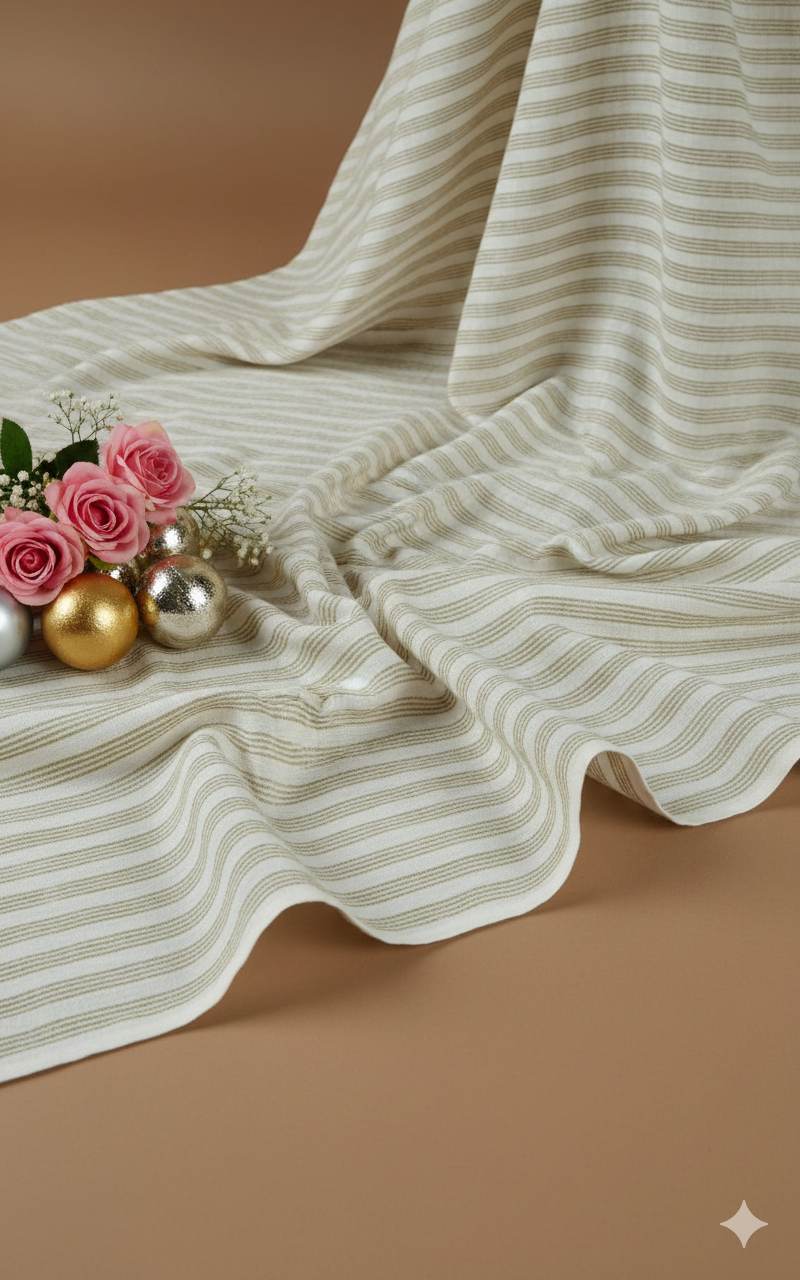 Off white Cotton Linen Fabric with Khakee Horizontal Lines (60 lea)