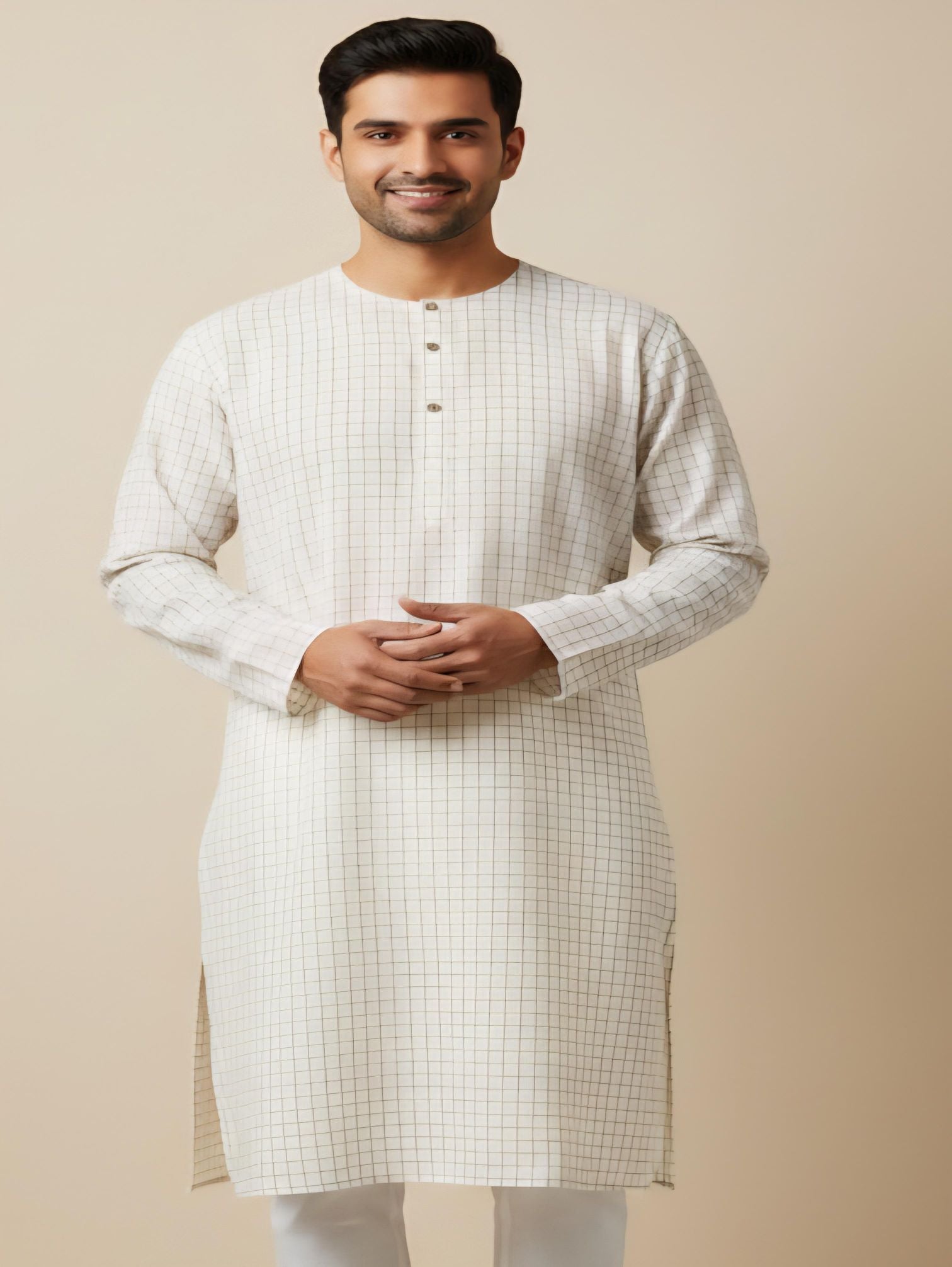 Off white Cotton Linen with Khakee Checks(60 Lea)