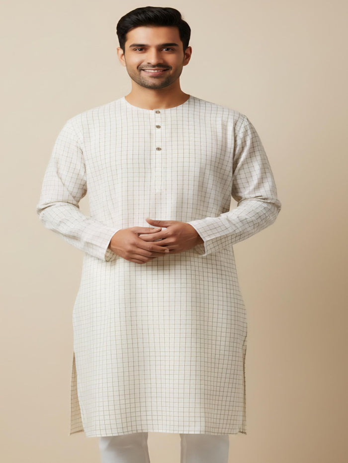 Off white Cotton Linen with Khakee Checks(60 Lea)