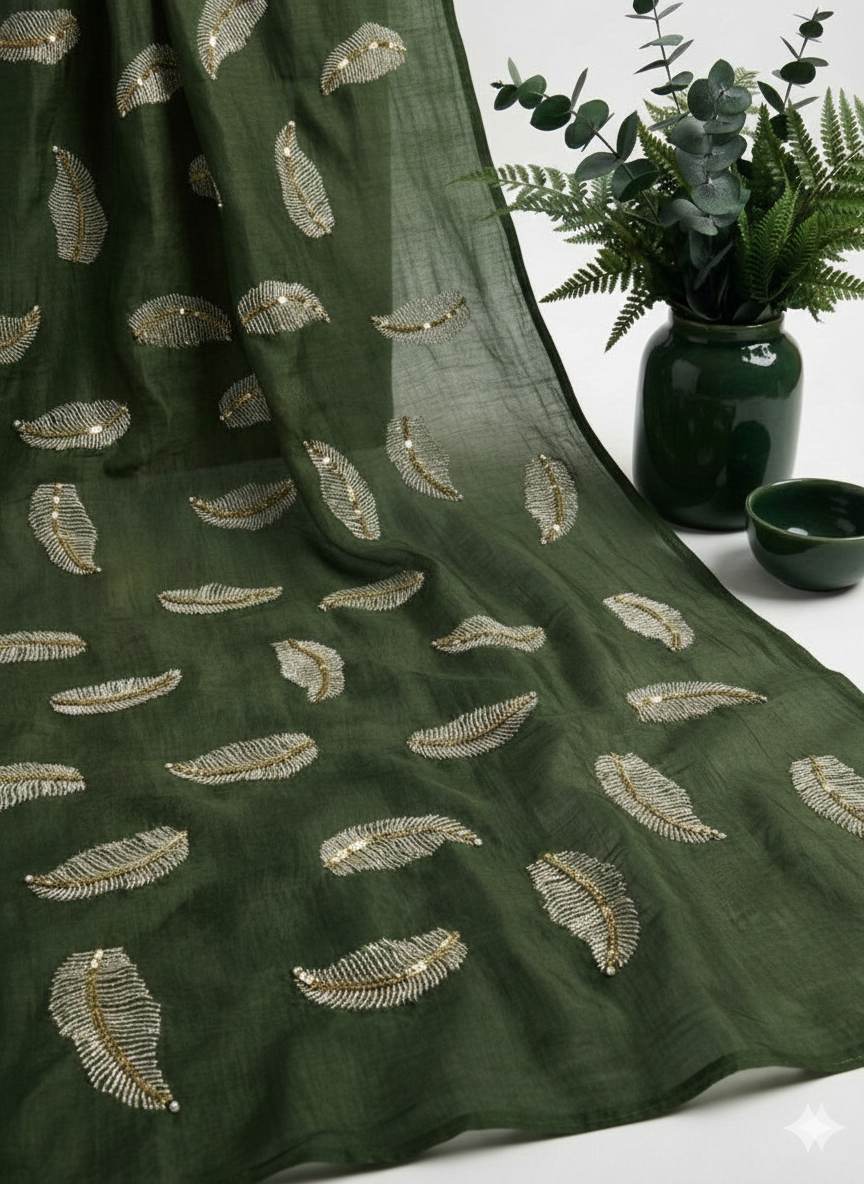 Bottle Green chanderi Fabric with white Leaf & Golden Sequence Motif Embroidery
