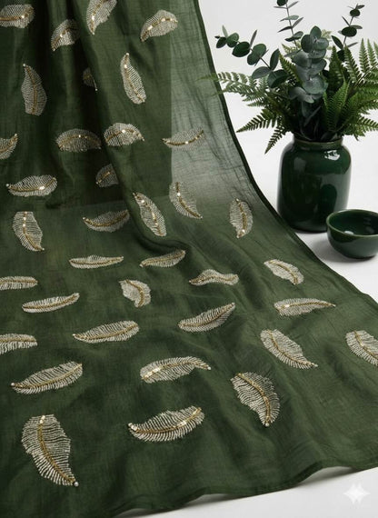 Bottle Green chanderi Fabric with white Leaf & Golden Sequence Motif Embroidery