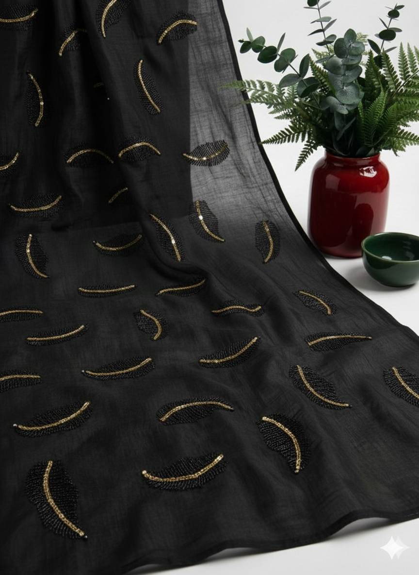Black chanderi Fabric with Black Leaf & Golden Sequence Motif Embroidery