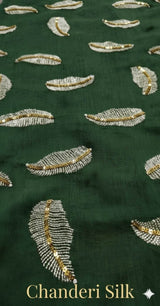 Bottle Green chanderi Fabric with white Leaf & Golden Sequence Motif Embroidery