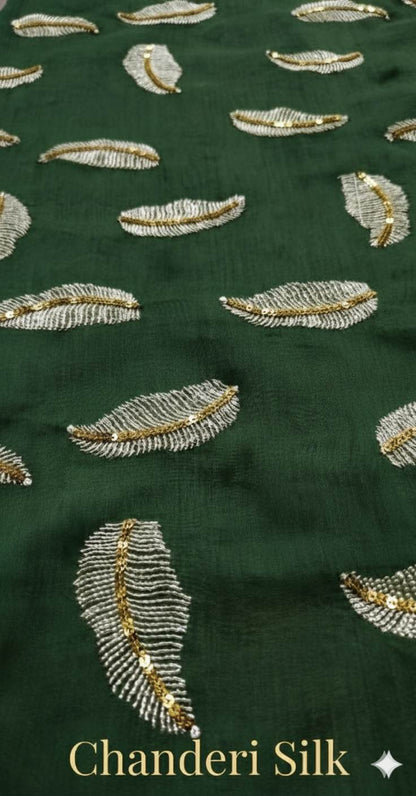 Bottle Green chanderi Fabric with white Leaf & Golden Sequence Motif Embroidery