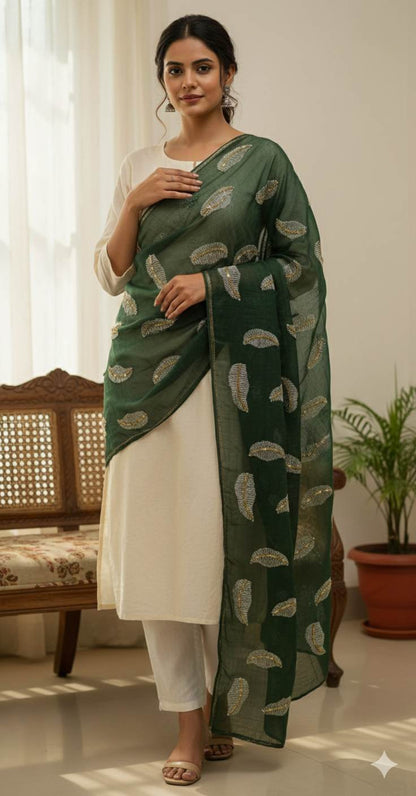 Bottle Green chanderi Fabric with white Leaf & Golden Sequence Motif Embroidery