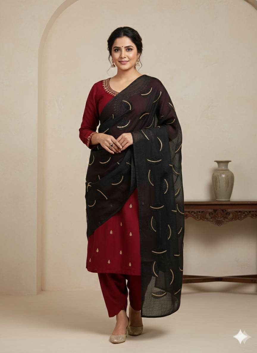 Black chanderi Fabric with Black Leaf & Golden Sequence Motif Embroidery