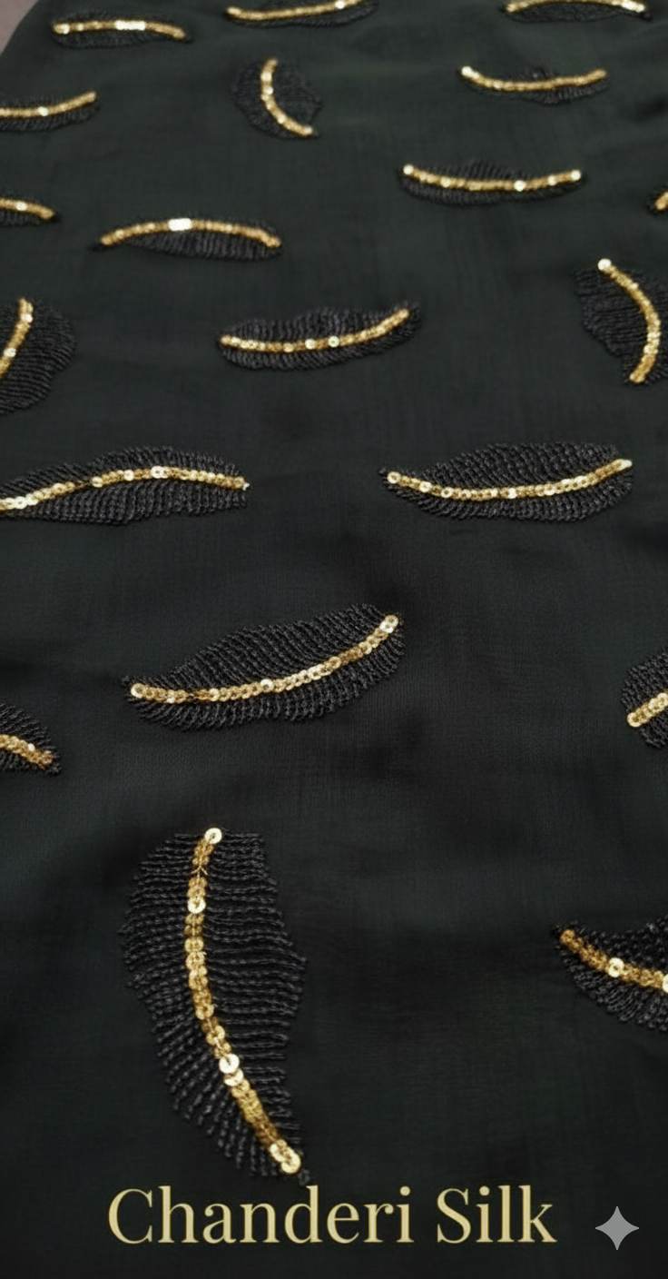 Black chanderi Fabric with Black Leaf & Golden Sequence Motif Embroidery