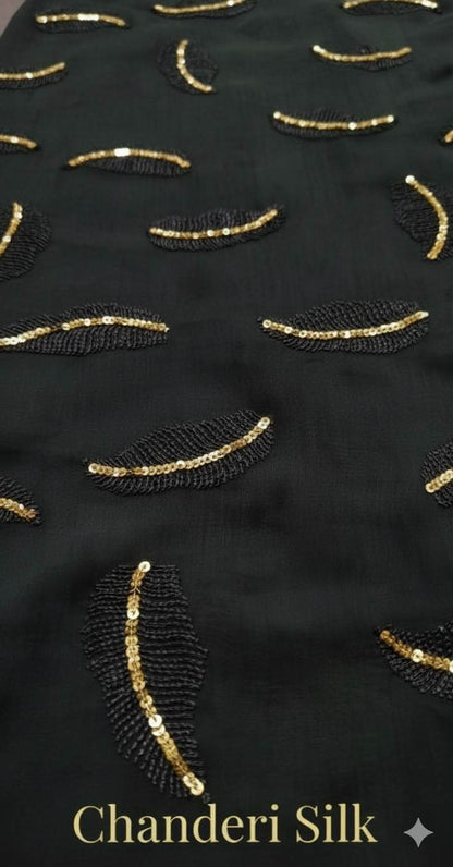 Black chanderi Fabric with Black Leaf & Golden Sequence Motif Embroidery