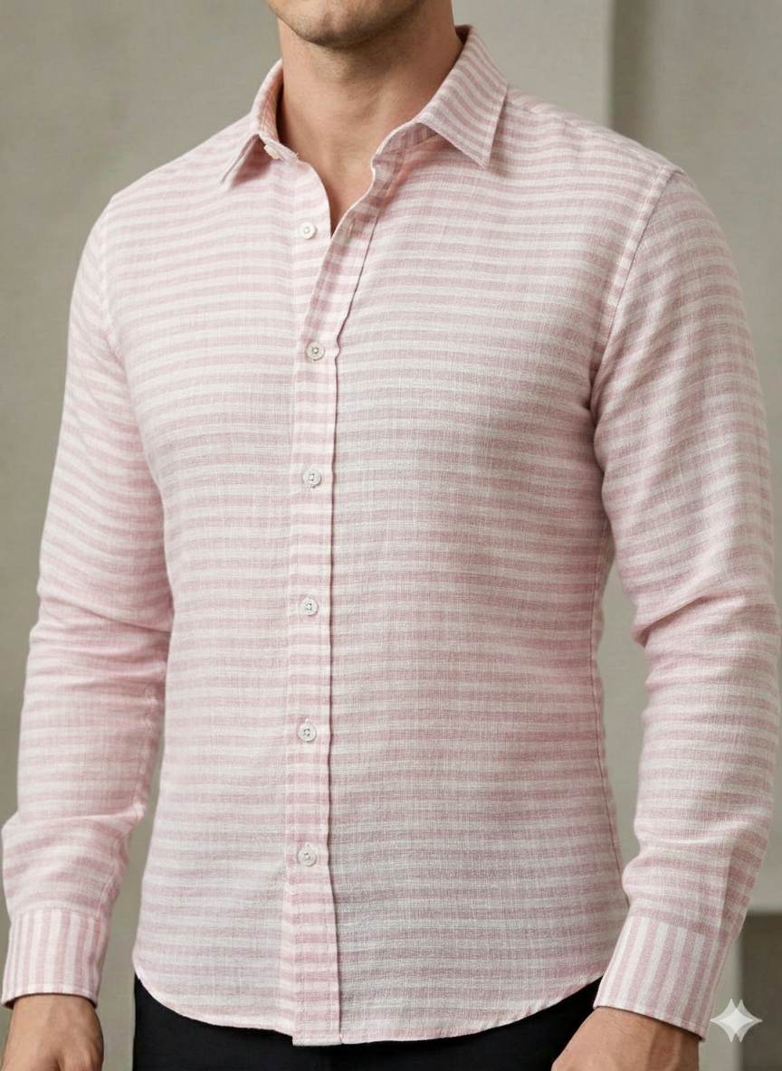 Onion Pink & White Striped Cotton Linen Fabric (60 lea)