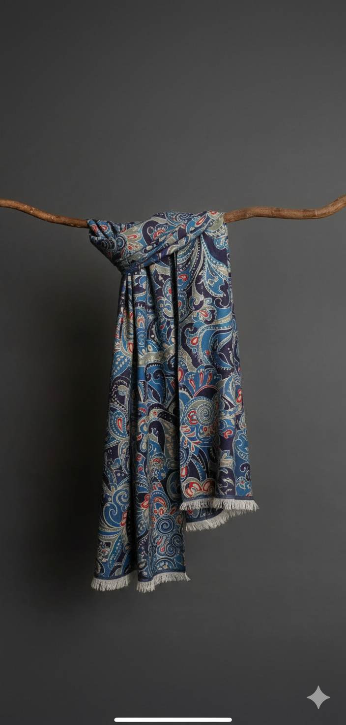 Digital Printed Blue Muslin Silk with Highlighted Golden Dots